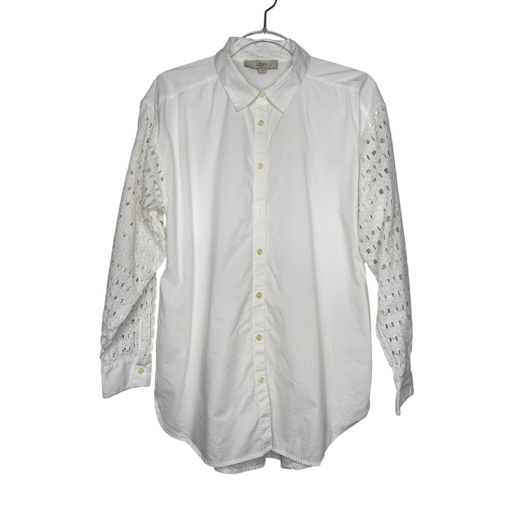 LOFT Button Down Shirt Medium White Eyelet Sleeve Cotton Blend Classic Preppy